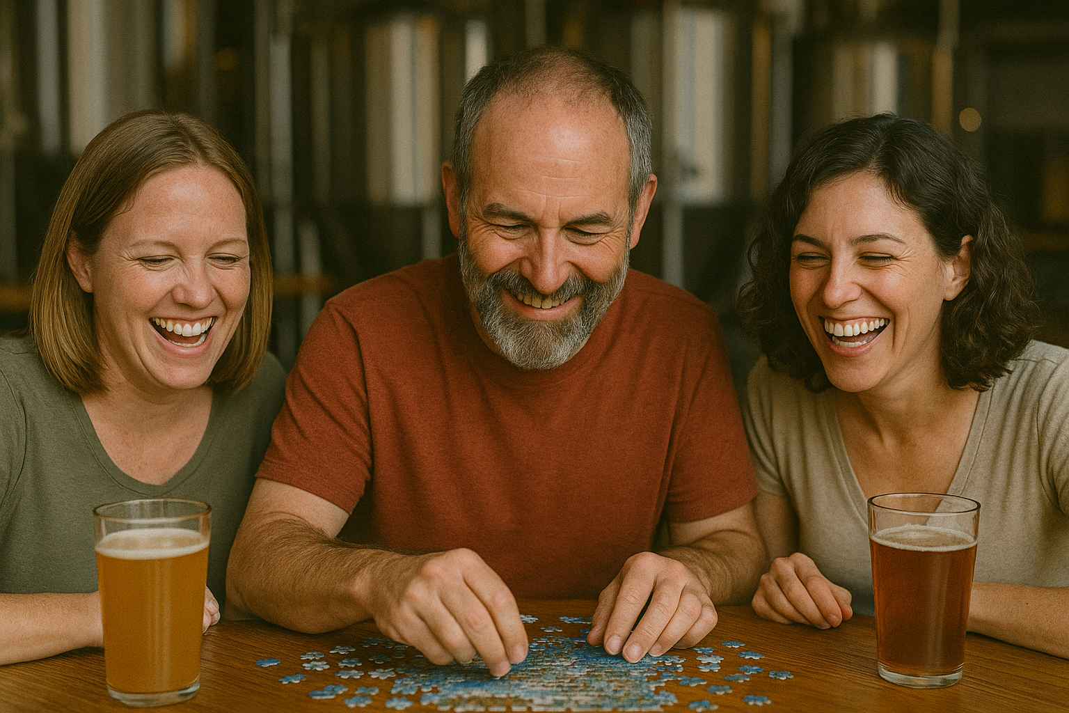 Friends laughing while solving a puzzle with beers at a brewery