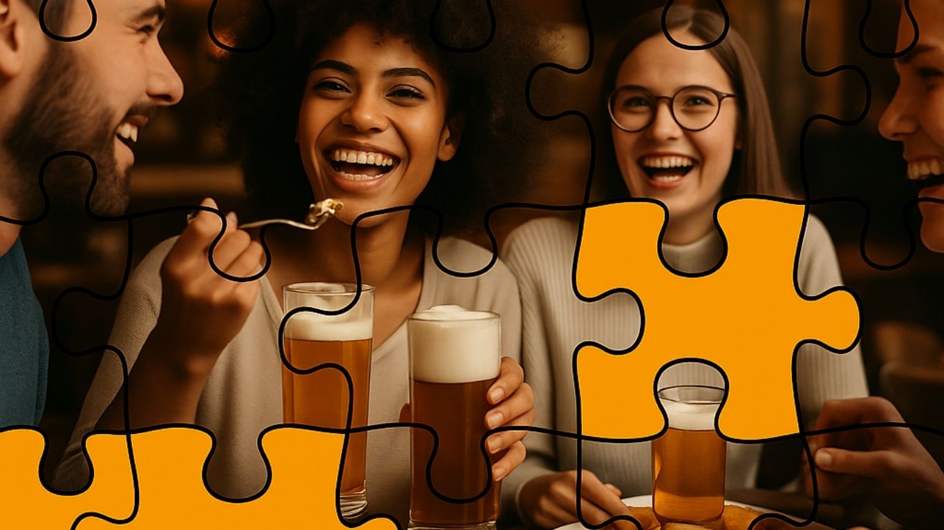 Friends enjoying beer with puzzle piece overlay